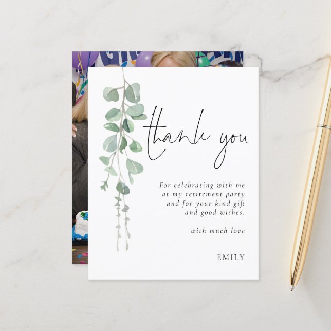 Budget Eucalyptus Photo Retirement Party Thank You (Front/Back In Situ)