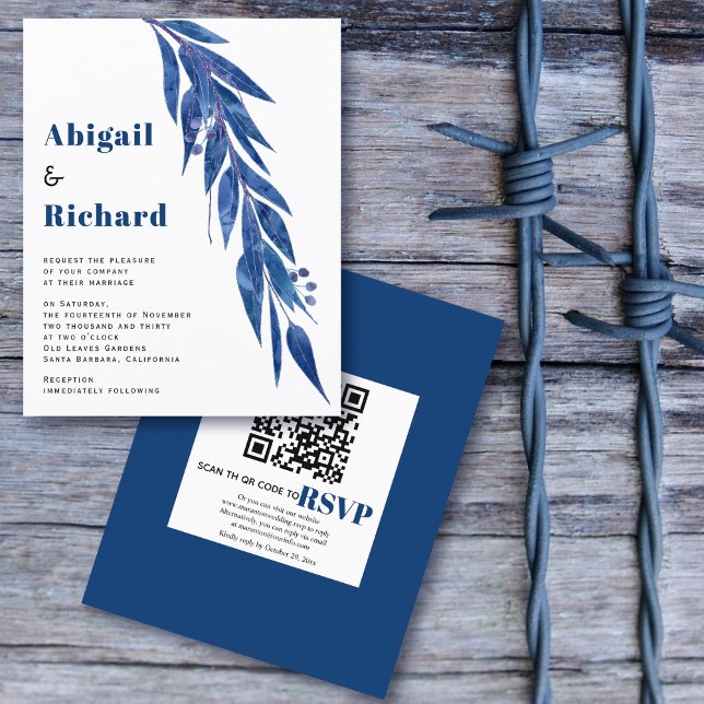 BUDGET eucalyptus QR code blue wedding invitation (Creator Uploaded)