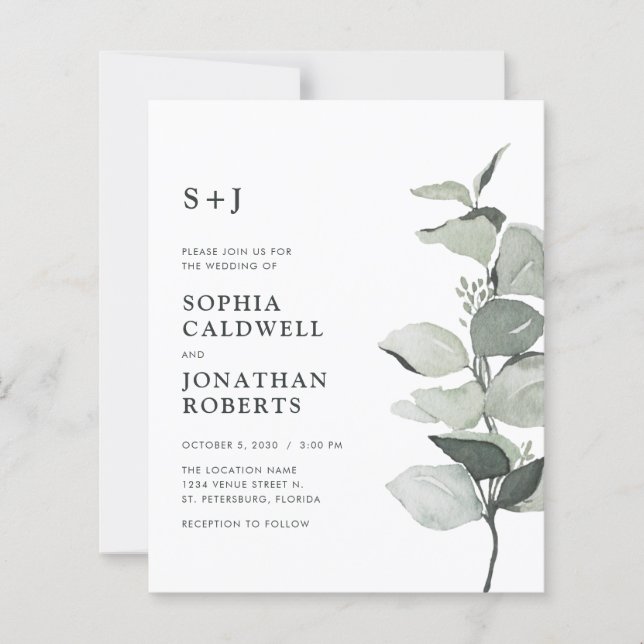 Budget Eucalyptus QR Code Monogram Wedding Invite (Front)