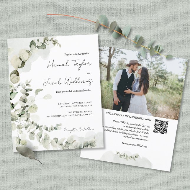 Budget Eucalyptus QR Code Photo Wedding Invitation (Creator Uploaded)