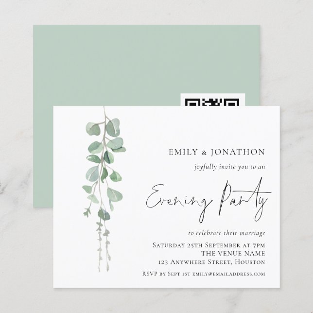 Budget Eucalyptus QR Evening Party Wedding Invite (Front/Back)