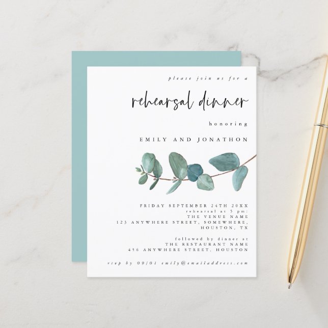 Budget Eucalyptus Rehearsal Dinner Invitation (Front/Back In Situ)