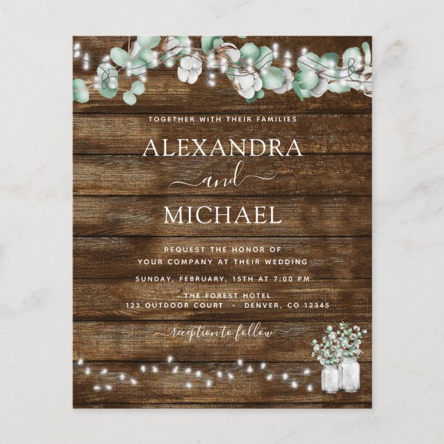 Budget Eucalyptus Rustic Wedding Invitations Flyer (Front)