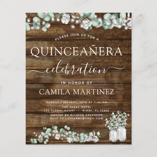 Budget Eucalyptus Rustic Wood Quinceanera (Front)