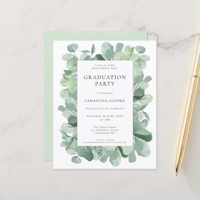 Budget Eucalyptus Sage Graduation Party Invitation (Front/Back In Situ)