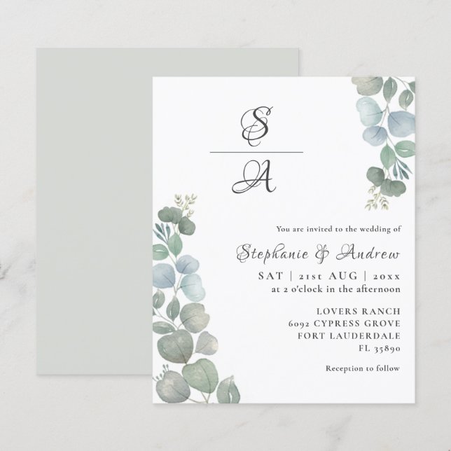 Budget Eucalyptus Sage Green Wedding Invitation (Front/Back)