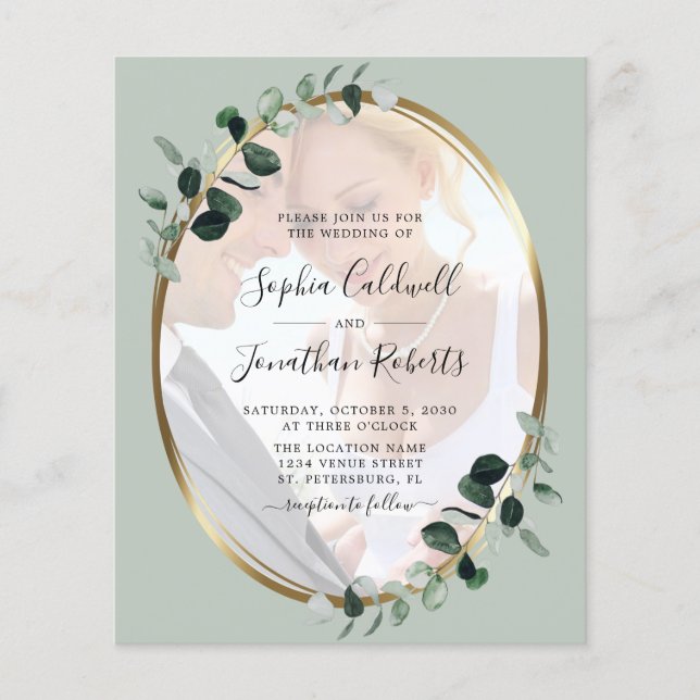 Budget Eucalyptus Sage Photo Wedding Invitation (Front)
