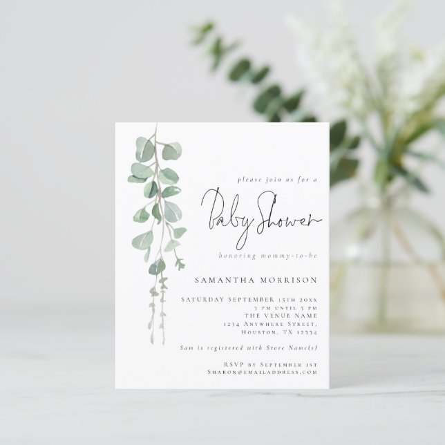 Budget Eucalyptus Script Baby Shower Invitation (Standing Front)
