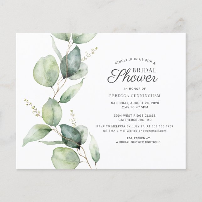 Budget Eucalyptus Script Bridal Shower Invitation (Front)