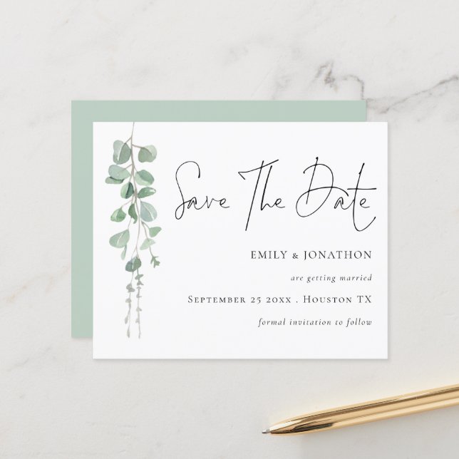 Budget Eucalyptus Script QR Code Save The Date (Front/Back In Situ)