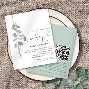 Budget Eucalyptus Script QR Sage Wedding Invite