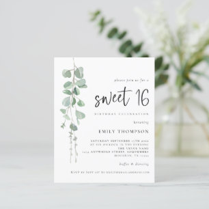 Budget Eucalyptus Script Sweet 16 Invitation