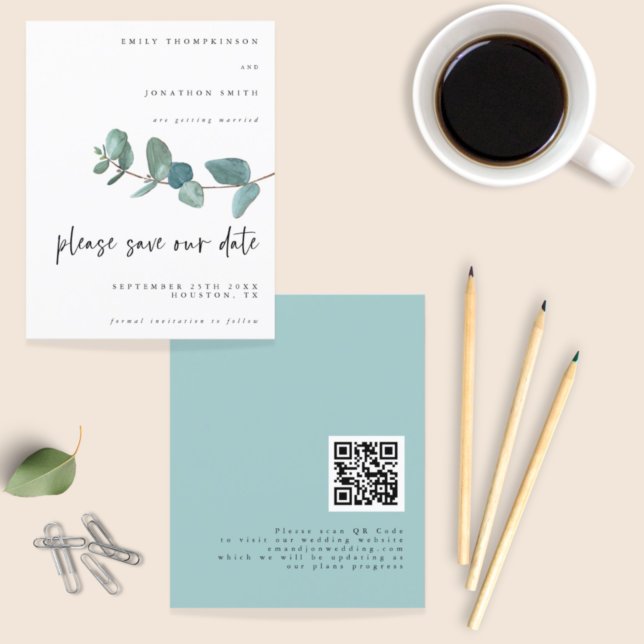 Budget Eucalyptus Script Wedding QR Code Save Date (Creator Uploaded)
