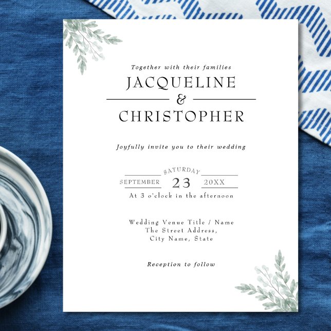 Budget Eucalyptus Simple Modern Wedding Invitation Flyer (Creator Uploaded)