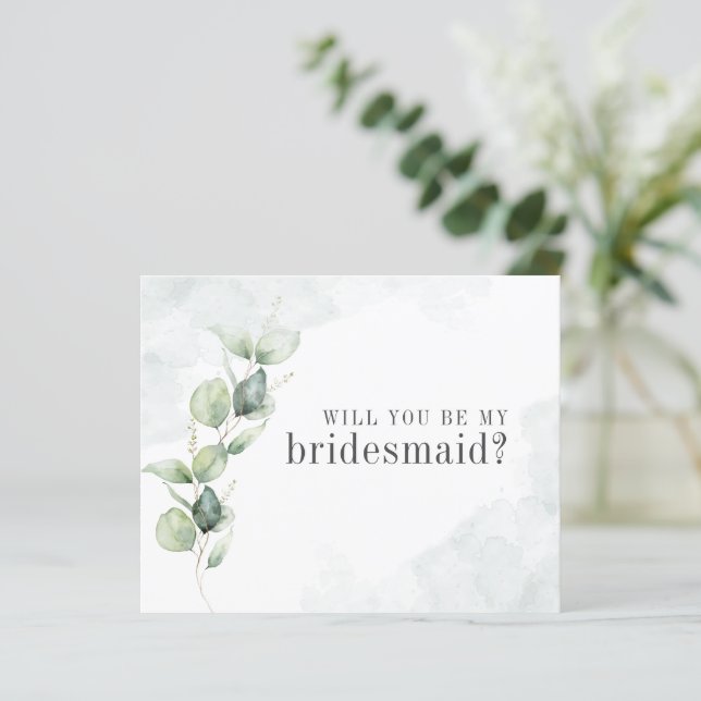 Budget Eucalyptus Succulent Be My Bridesmaid Card (Standing Front)
