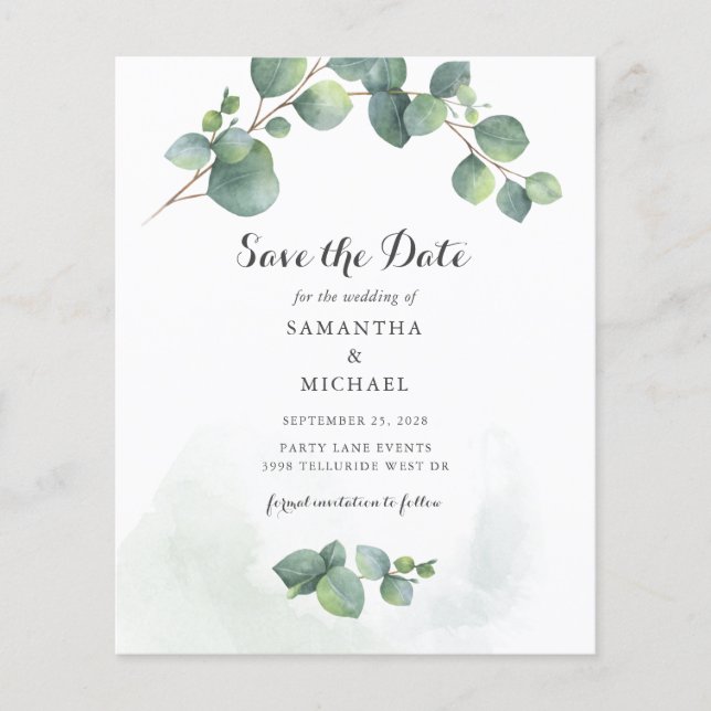 Budget Eucalyptus Succulent Floral Save The Date (Front)