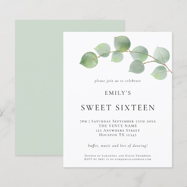 Budget Eucalyptus Sweet Sixteen Birthday Invite (Front/Back)