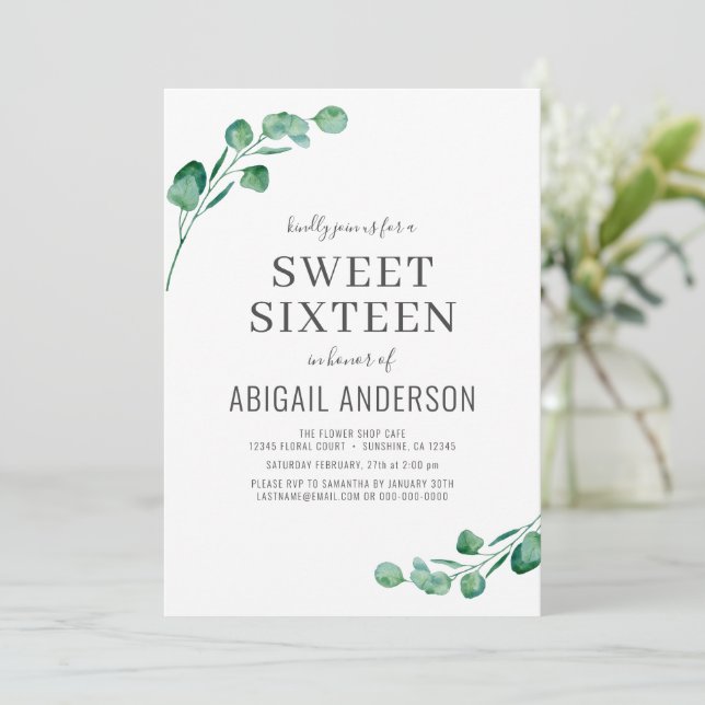 Budget Eucalyptus Sweet Sixteen Party Invitation (Standing Front)