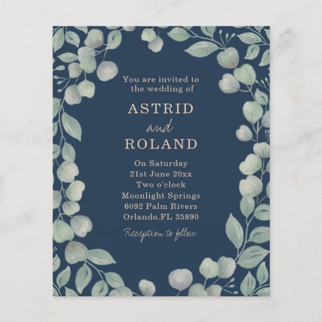 Budget Eucalyptus Watercolor Blue & Green Wedding  (Front)