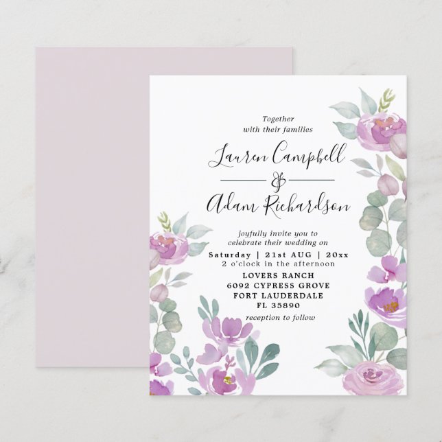 Budget Eucalyptus Watercolor Pink Wedding Invite (Front/Back)