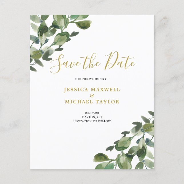 Budget Eucalyptus Watercolor Save The Date (Front)