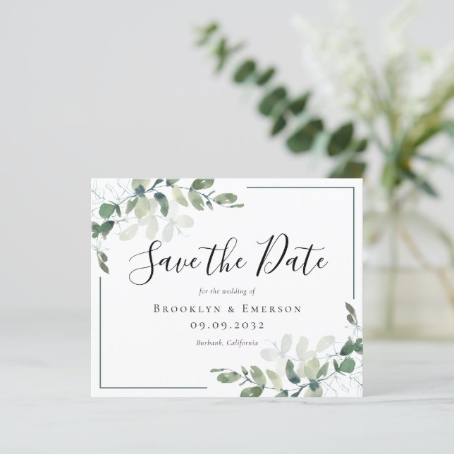 BUDGET Eucalyptus Watercolor Wedding Save The Date (Standing Front)