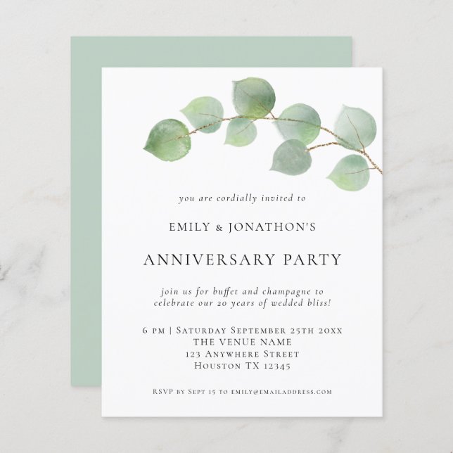 Budget Eucalyptus Wedding Anniversary Party Invite (Front/Back)