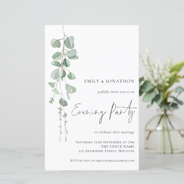 Budget Eucalyptus Wedding Evening Party Invitation (Standing Front)