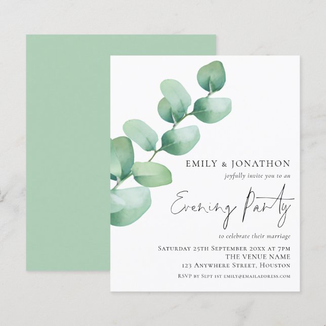 Budget Eucalyptus Wedding Evening Party Invite (Front/Back)