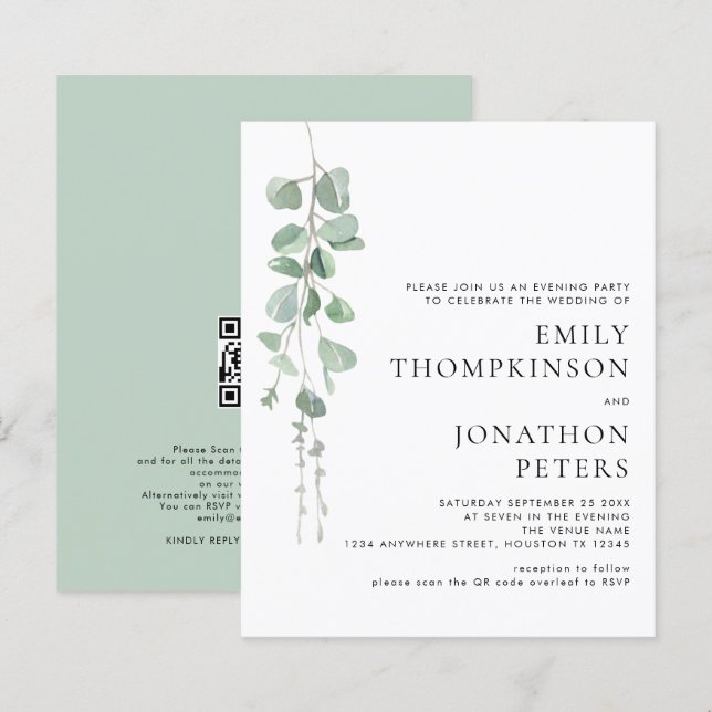 Budget Eucalyptus Wedding Evening Party Invite (Front/Back)