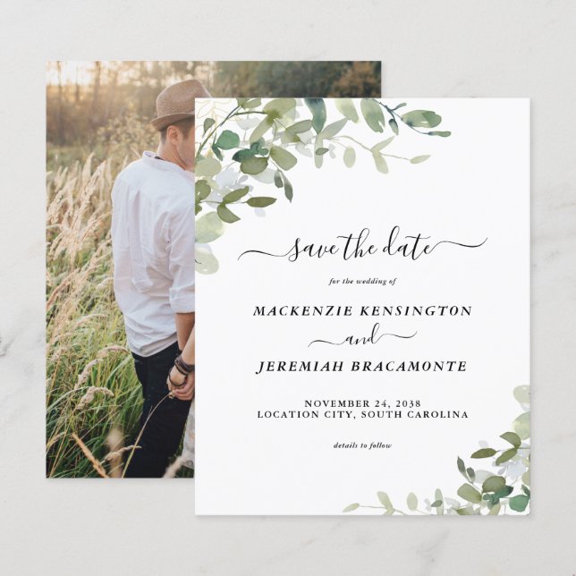 Budget Eucalyptus Wedding Photo Save the Date (Front/Back)