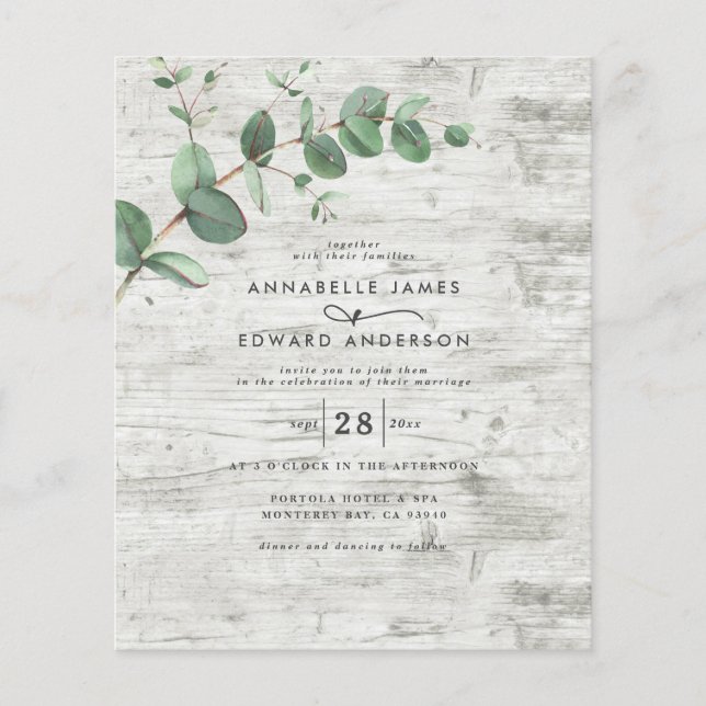 budget Eucalyptus white wood wedding Invitation (Front)