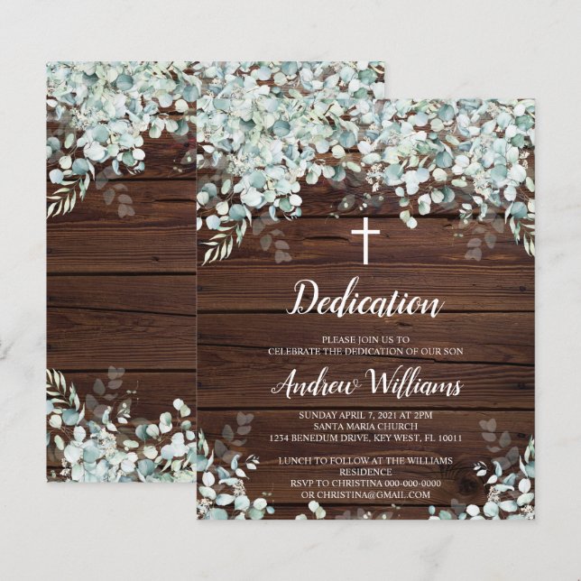 Budget Eucalyptus & Wood Dedication Invitation (Front/Back)