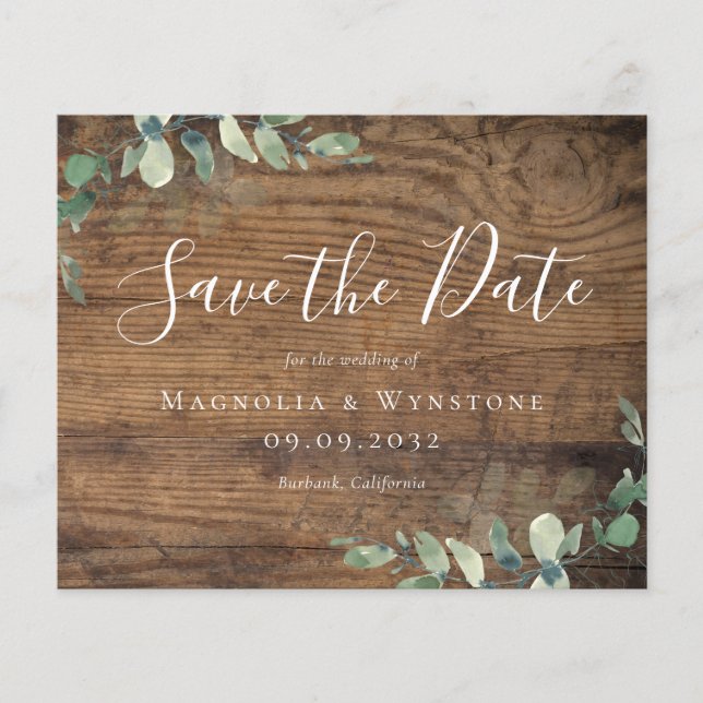 BUDGET Eucalyptus Wood Wedding Save The Date (Front)