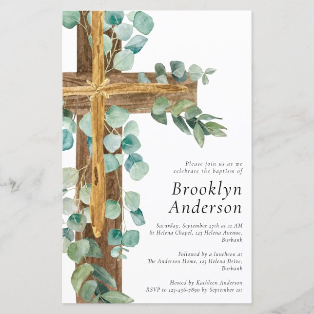 Budget Eucalyptus Wooden Cross Baptism Invitation (Front)
