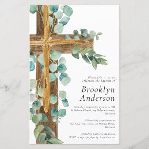 Budget Eucalyptus Wooden Cross Baptism Invitation