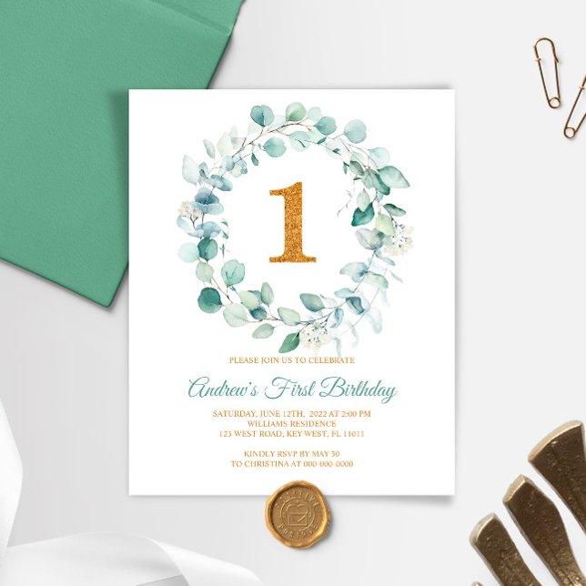 Budget Eucalyptus Wreath First Birthday Invitation (Creator Uploaded)
