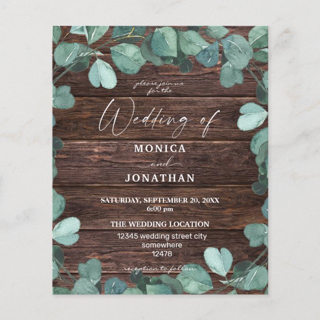 Budget Eucalyputs & Wood Greenery Wedding Flyer (Front)