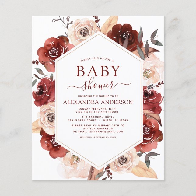 Budget Fall Baby Shower Burnt Orange Floral Flyer (Front)