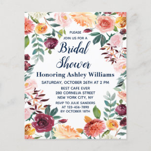 Budget Fall Boho Floral Bridal Shower Invitation