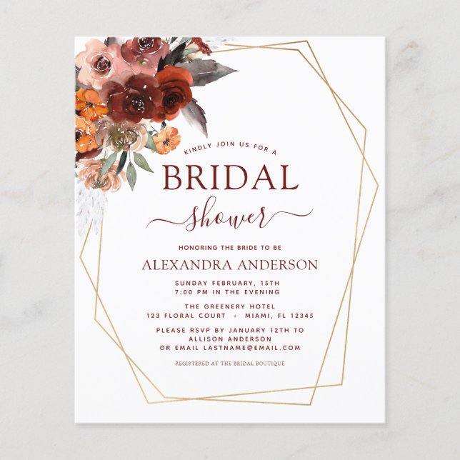Budget Fall Bridal Shower Burgundy Floral Flyer (Front)