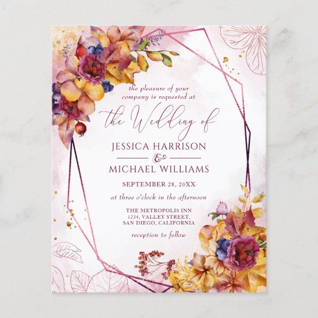 Budget Fall Burgundy Rose Gold Wedding Invitation (Front)