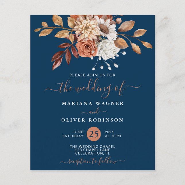 Budget Fall Floral on Navy Blue Wedding Invitation (Front)