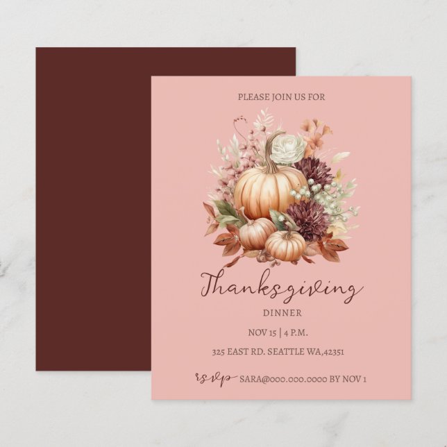 Budget Fall Floral Pumpkins Thanksgiving Invite (Front/Back)
