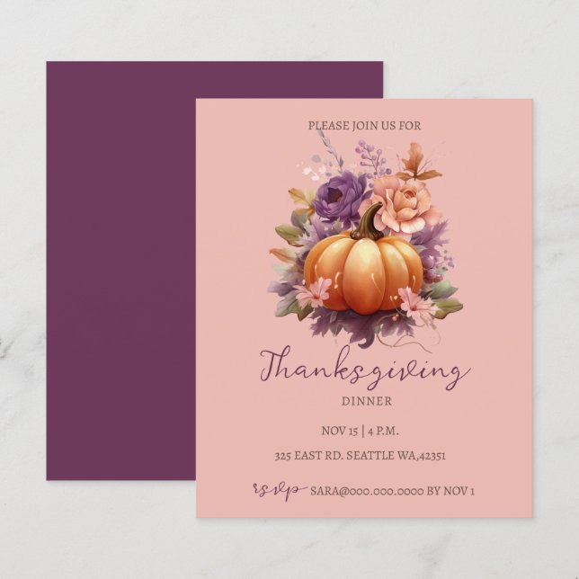 Budget Fall Floral Pumpkins Thanksgiving Invite (Front/Back)
