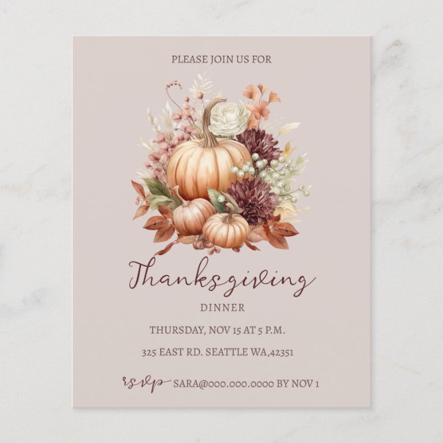 Budget Fall Floral Pumpkins Thanksgiving Invite (Front)