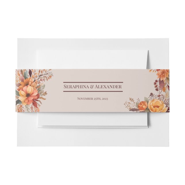 Budget Fall Floral QR Code Rsvp Wedding details Invitation Belly Band (Front Example)