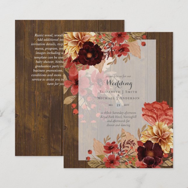 BUDGET FALL Floral Wedding Invitations - Dusky (Front/Back)