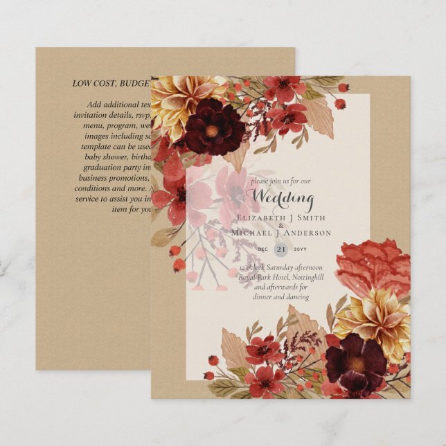 BUDGET FALL Floral Wedding Invitations - Dusky (Front/Back)