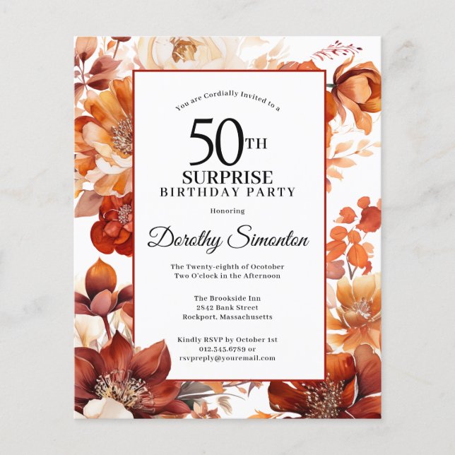 Budget Fall Flowers 50th Surprise Birthday Invite (Front)